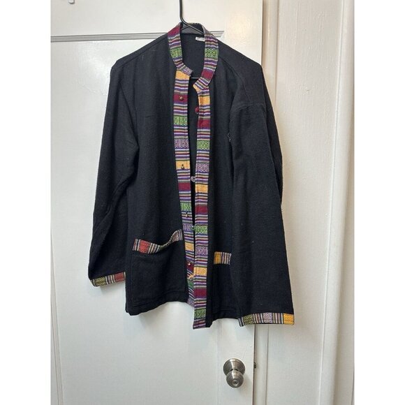 VTG Peruvian Black Cotton Jacket Colorful Trim Made In Nepal Measures Large - Picture 1 of 7